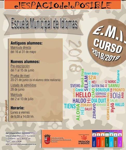 Abierto el plazo de matriculación para el curso 2018 / 2019 de la Escuela Municipal de Idiomas de Villafranca
