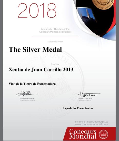 Diploma que acredita a Pago de las Encomiendas con la Medalla de Plata en el CONCOURS MONDIAL DE BRUXELLES por su vino XENTIA añada 2013.  