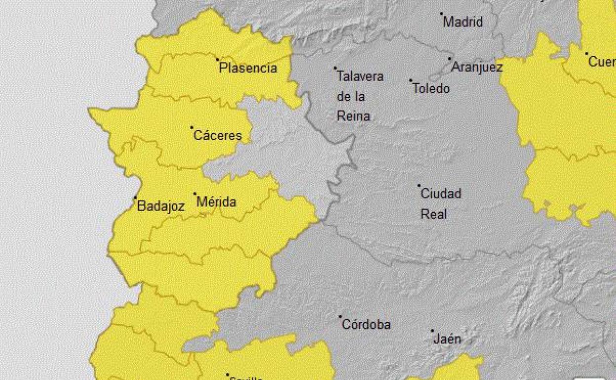 Mapa de AEMET de la alerta amarilla decretada para hoy.