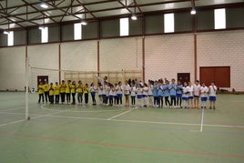 Jugadores de voleibol antes de los partidos, imagen de archivo.
