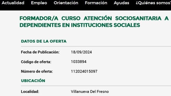 El Sexpe lanza una oferta de Formador en Atención Sociosanitaria a personas dependientes para la localidad