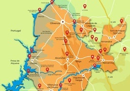 Mapa de los municipios integrantes de la Mancomunidad Integral de la Comarca de Olivenza.