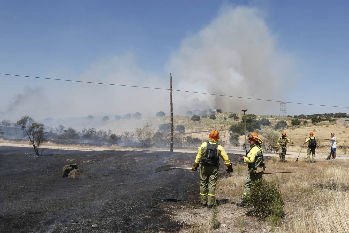 Domingo 17 de agosto: Un incendio en Oliva de Plasencia obliga a desalojar naves y viviendas. El viento cambiante durante la tarde complicó la extinción de un fuego que rodeó el pueblo. Andy Solé