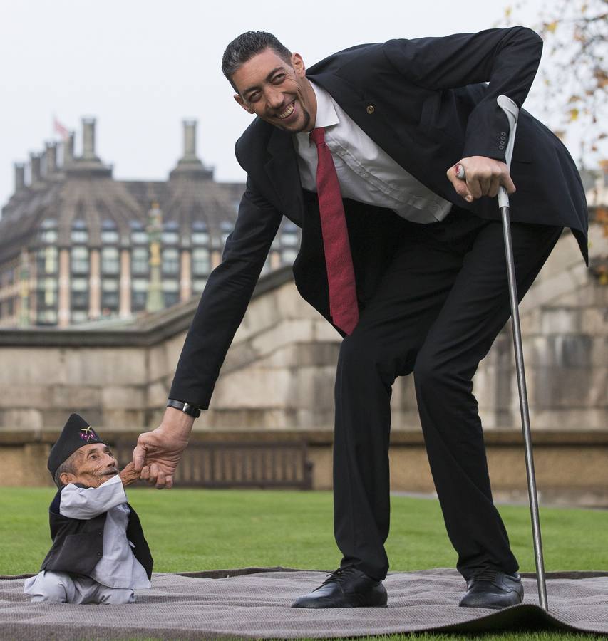 Jueves, 13 noviembre: El nepalí Chandra Bahadur Dangi y el turco Sultan Kosen posan para los fotógrafos durante una sesión fotográfica para el Guinness World Records en Londres (Reino Unido). Dangi, con 54,6 cm de estatura, es considerada la persona más baja del planeta y Kosen, con sus 251 cm de altura, es un agricultor turco que ostenta el título de la persona más alta del mundo. Fotografía: Agencias