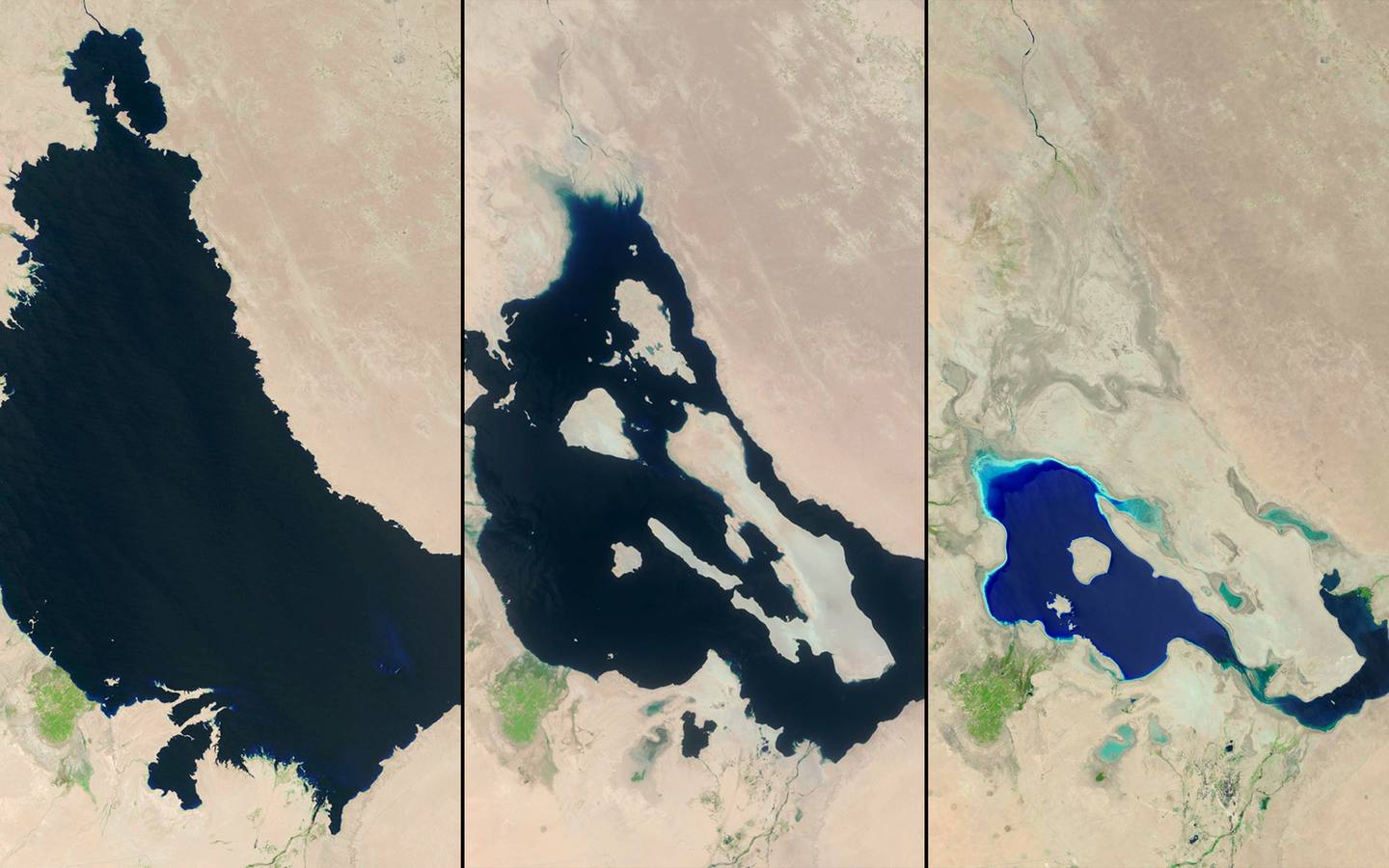 El lago Razazah en Irak ha visto reducido su caudal como se ve en las imágenes de 1995, 2003 y 2013