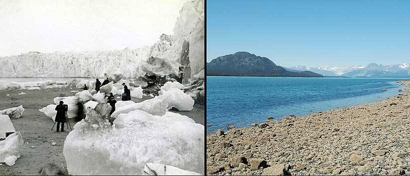 Glaciar Muir en Alaska en 1888 y 2005