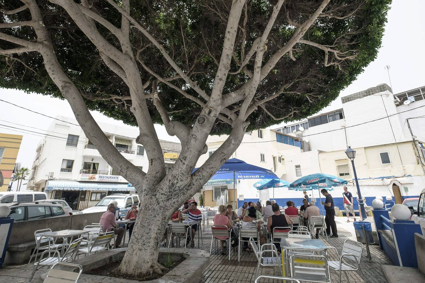 Vecinos y turistas buscan la sombra en el municipio de Mogán, Gran Canaria.