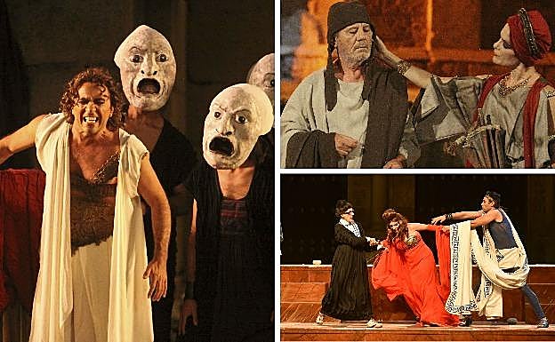 A la izquierda: representación de 'Edipo Rey'. A la derecha: representación de 'Marco Aurelio' y 'Los Pelópidas'