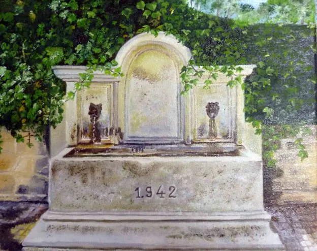 La fuente. Obra de Rosa María Cerrón, alumna del Taller de Pintura de Pepi Corchado, en Valencia de Alcántara. :: S.E.