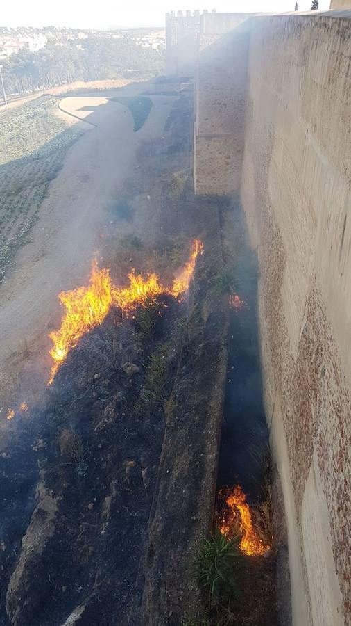 Las llamas del fuego han alcanzado la barbacana de La Alcazaba pacense este viernes 25 de agosto. Es el segundo incendio en este monumento en una semana.