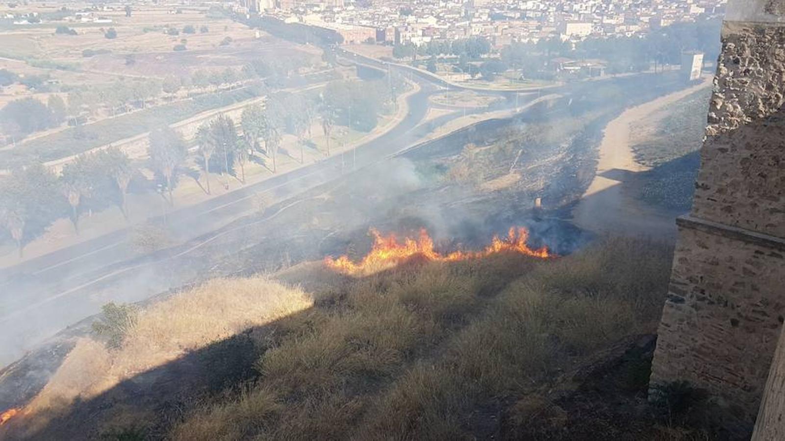 Las llamas del fuego han alcanzado la barbacana de La Alcazaba pacense este viernes 25 de agosto. Es el segundo incendio en este monumento en una semana.
