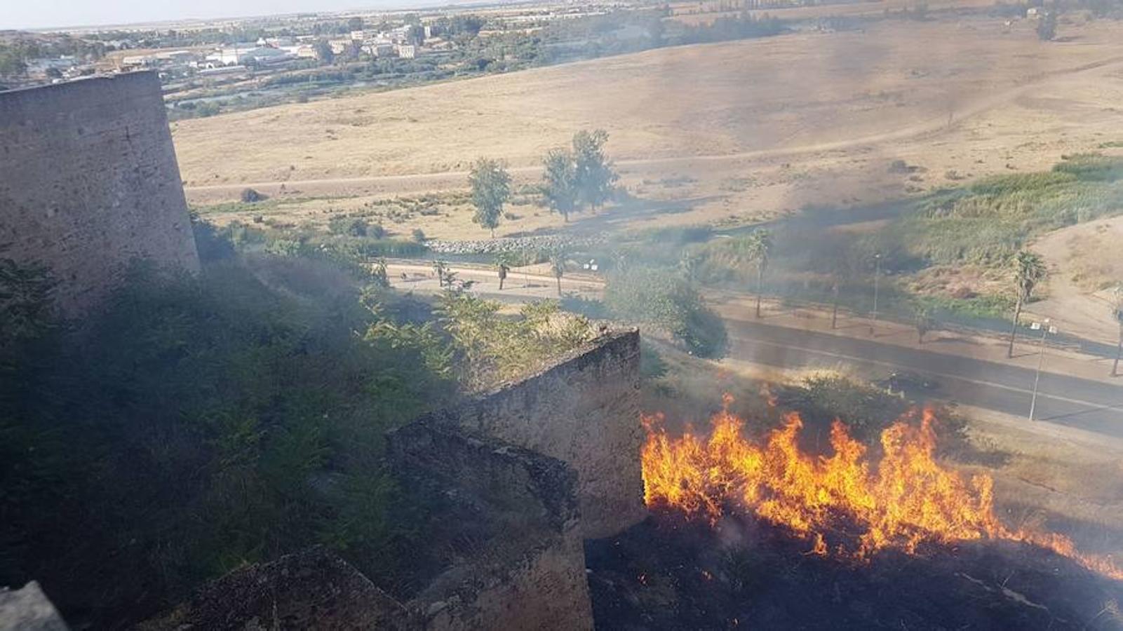 Las llamas del fuego han alcanzado la barbacana de La Alcazaba pacense este viernes 25 de agosto. Es el segundo incendio en este monumento en una semana.