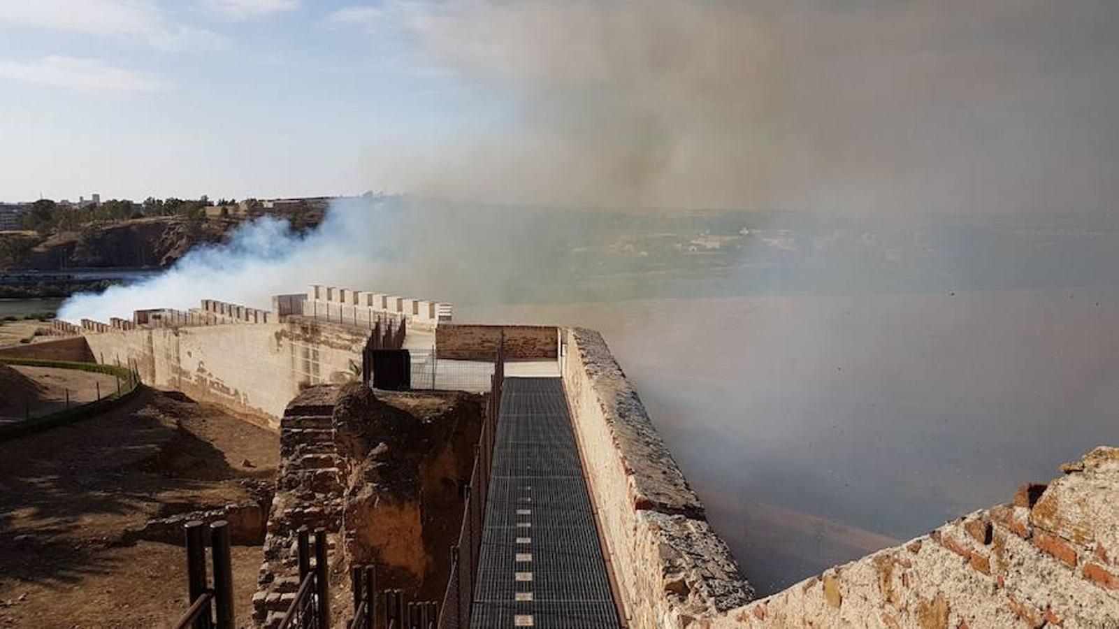 Las llamas del fuego han alcanzado la barbacana de La Alcazaba pacense este viernes 25 de agosto. Es el segundo incendio en este monumento en una semana.
