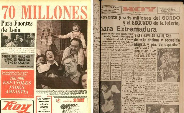 Portadas de los días en los que tocó el Gordo en Extremadura en 1974 y 1962.