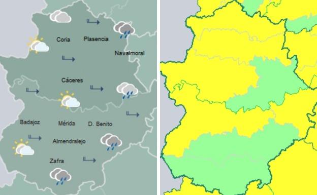 A la izquierda, mapa con la previsión del tiempo para este martes. A la derecha, alerta amarilla activada para el miércoles.