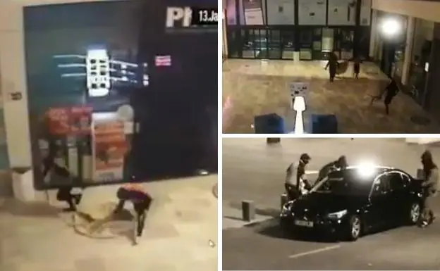 Imágenes de la banda en el momento en el que salen de la tienda, cuando entran en la galería comercial con los sacos y cuando se montan en el coche para huir