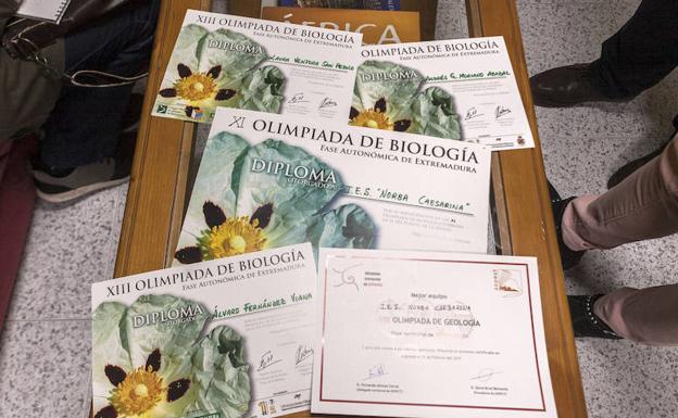 Algunos de los diplomas conseguidospor alumnos del Norba en olimpiadas educativas. :: 