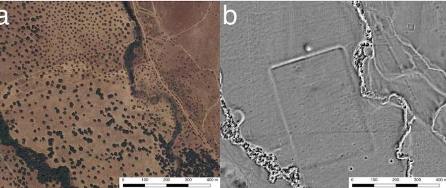 A la izquierda, vista aérea de la zona de dehesa donde se ha localizado lo que los dos investigadores han calificado como un campamento militar romano; a la derecha, imagen donde se aprecia el campamento romano con el foso que lo definía y parte de los muros que se conservan. 
