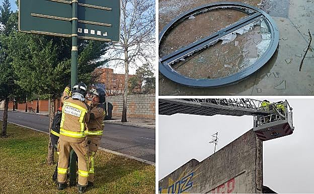 Los bomberos han retirado una ventana que ha caído desde un cuarto piso, han quitado un cartel en Damián Téllez Lafuente y han atendido un desprendimiento en la autopista.::HOY