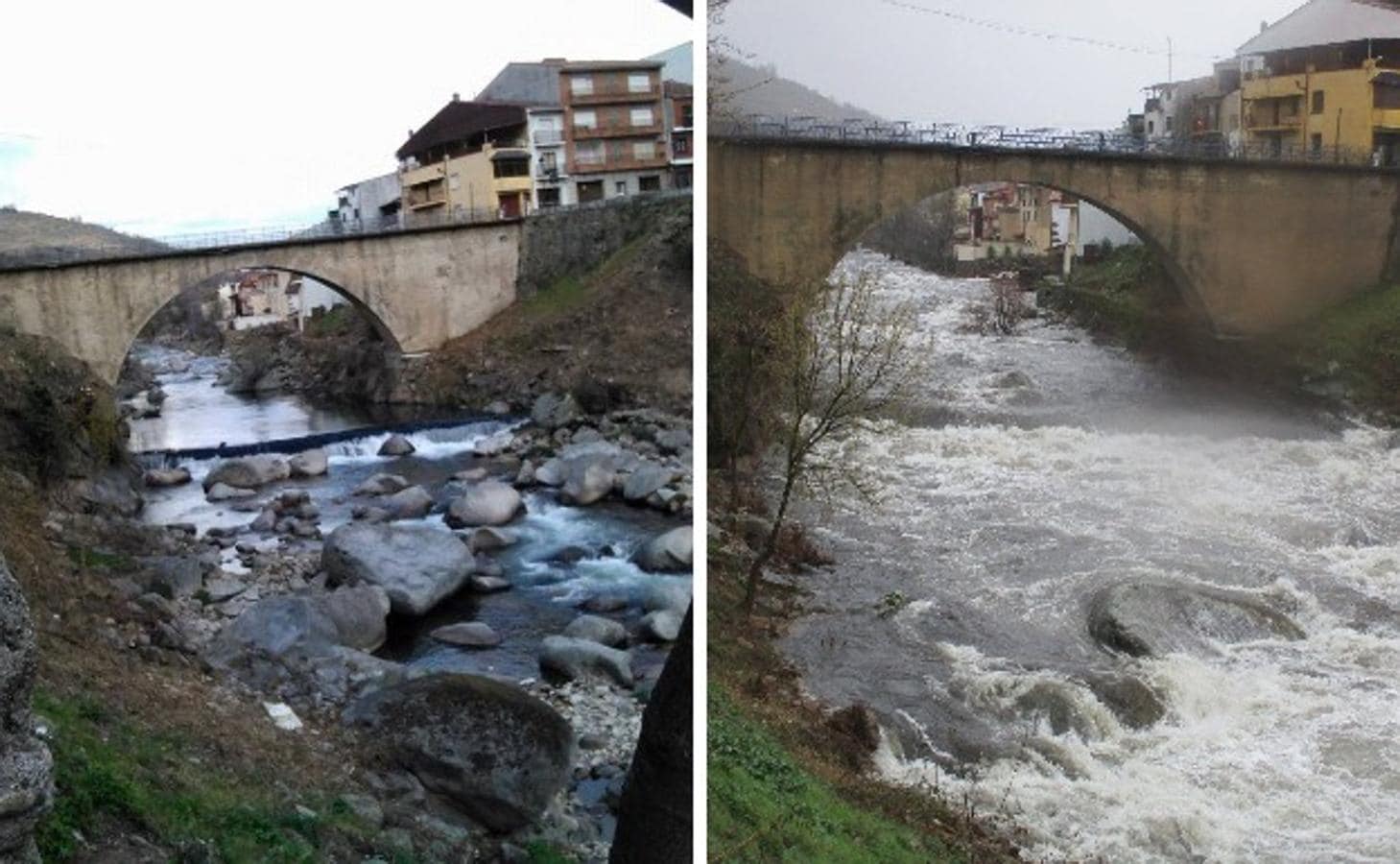 El antes y el después del caudal del río Jerte a su paso por Cabezuela Del Valle.
