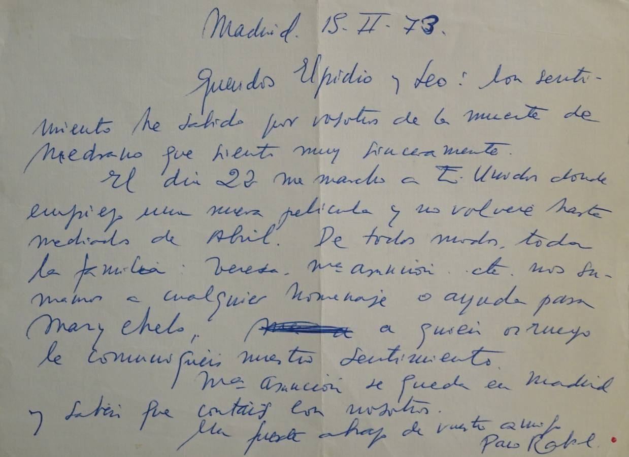 2-La carta que le envió Paco Rabal ofreciéndose para hacer un homenaje al fallecido Florencio Medrano en ayuda a Mary-Chelo.