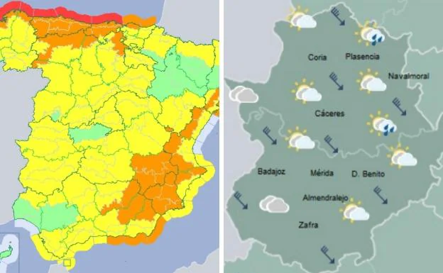 Mapa de avisos para España y previsión del tiempo en Extremadura para mañana / 