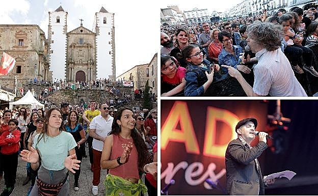 Galería. Público en la actuación de MounQup en San Jorge, actuación de Nic Offer en la Plaza Mayor y Bruno Galindo durante la lectura del manifiesto:. 