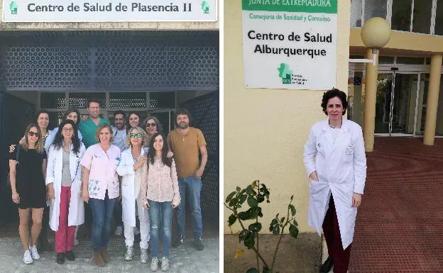 A la izquierda, el equipo del Centro de Salud de Plasencia. A la derecha, fotografía de María Encarnación Nieto Corral en el Centro de Salud de Alburquerque. 