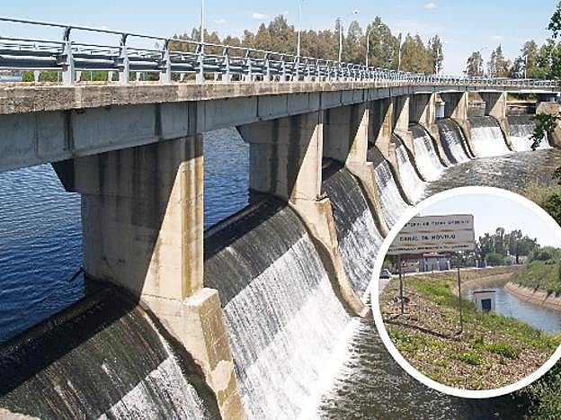 Salto de agua en la presa de Montijo que alimenta a los Canales de Montijo y Lobón. :: HOy