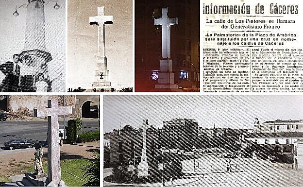 Arriba, la fuente 'La Palmatoria', la Cruz en los 40, su estado actual y la noticia del cambio en la plaza de América; abajo, la Cruz de Badajoz y a la derecha, de nuevo Cáceres, esta vez en los 50. 