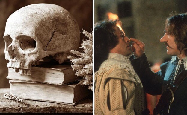 A la izquierda, cubierta de un libro de 'Hamlet'; a la derecha, fotograma de la película 'Cyrano de Bergerac'. 