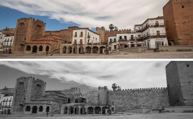 Estado actual de la Plaza Mayor y recreación de la Ciudad Monumental sin las casas adosadas:: JORGE REY 