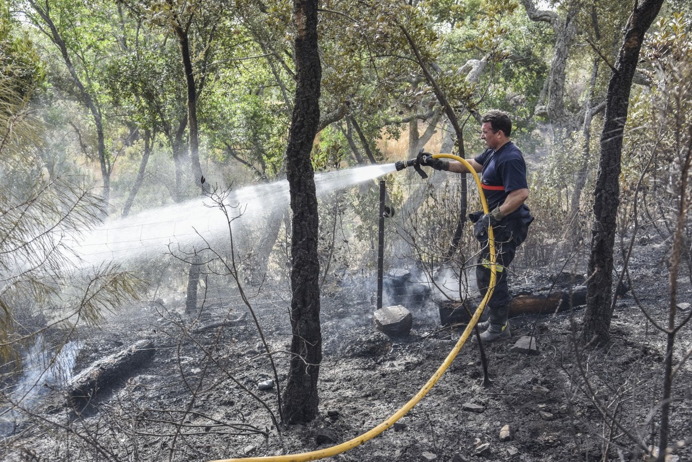 Imagen. Un bombero trata de refrescar la zona afectada por el fuego.