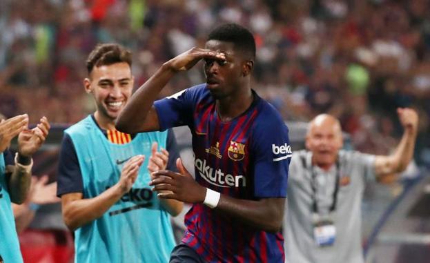 Dembélé celebra su gol.