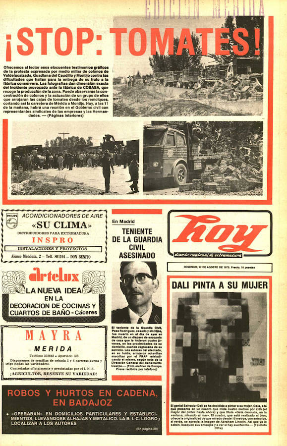 ¡Stop: tomates! Así comenzaba el reportaje gráfico en el que los trabajadores de Montijo, Guadiana del Caudillo y Valdelacalzada arrojaron tomates en 1975 a la carretera como protesta por las dificultades para las entregas.