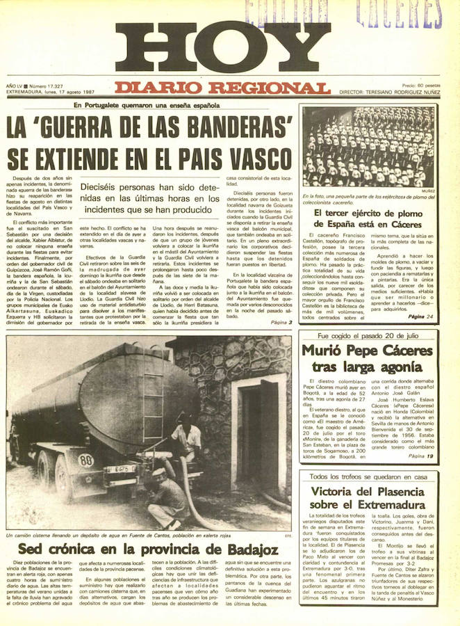 Sed crónica en la provincia de Badajoz. Diez poblaciones pacenses se encontraban en alerta roja en 1987, con tan solo cuatro horas de suministro diario de agua debido a las altas temperaturas y la escasez de lluvias de ese año.