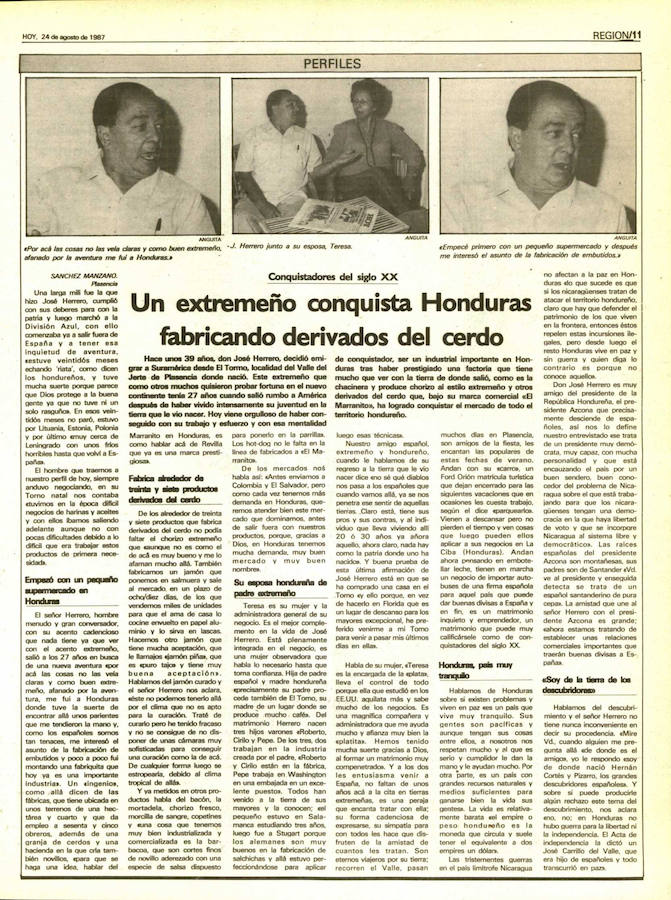 Un extremeño conquista Honduras fabricando derivados del cerdo José, natural de El Torno, tenía 27 años cuando partió rumbo a América. Allí creó ‘El Marranito’, una marca de chacina. Lo contaba este diario en 1987.