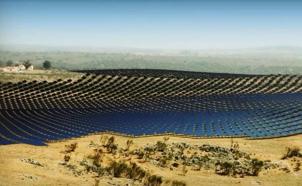 Recreación de cómo será la planta fotovoltaica de Talaván, en el centro de la provincia cacereña.