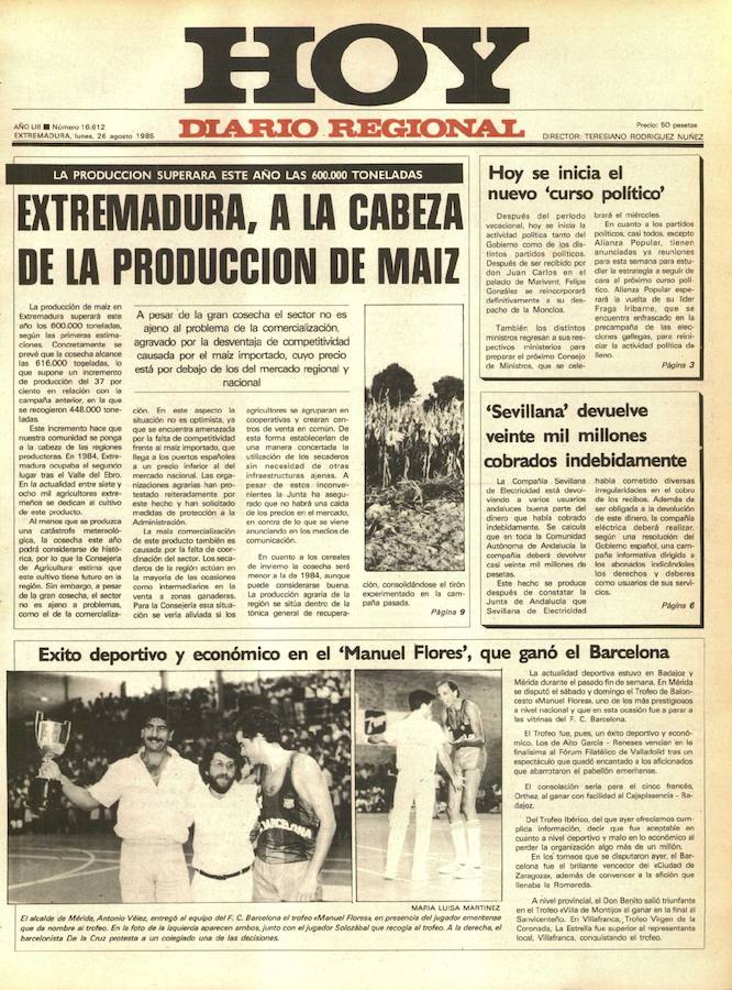 Extremadura, a la cabeza de la producción de maíz Se estimaba que en 1985 la producción de maíz alcanzaría las 616.000 toneladas. Entre 7.000 y 8.000 agricultores extremeños se dedicaban en aquella época a este cultivo.