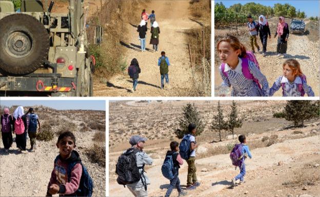 Kifaah (17 años), Shirah (16), Hansi (14), Aisa, y Sujud (10), Yaber (8) y Shok (6) acuden a diario a su escuela con algo más que las mochilas a sus espaldas. Caminan escoltados por soldados del Ejército israelí armados con fusiles de asalto. Andar bajo las armas de los militares es turbador, pero es la única forma de evitar ataques de los colonos radicales que viven en los alrededores.