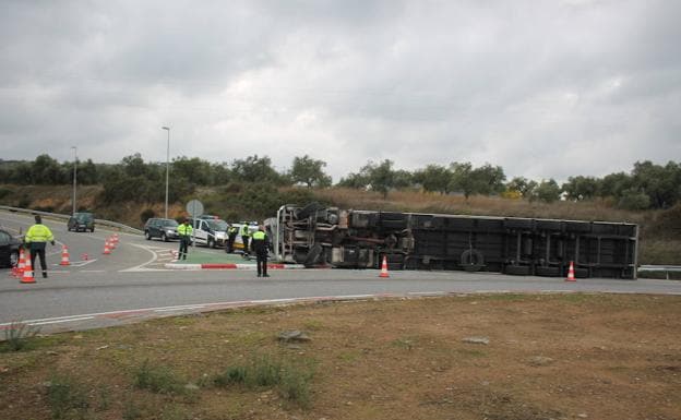 Vuelca de nuevo un camión en la rotonda de entrada a la A-66 de Monesterio