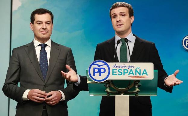 El presidente del PP, Pablo Casado (d), junto al candidato del PP a la Junta, Juanma Moreno. 