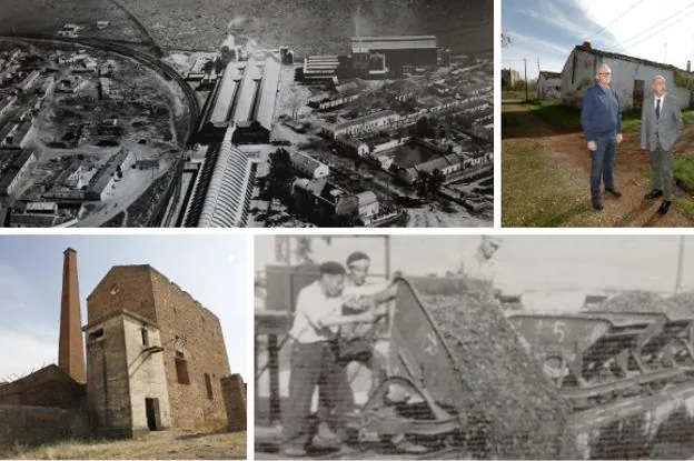 Arriba, vista aérea de la zona minera de Aldea Moret en su auge, a finales de los años 50 o principios del os 60; y José Luis Fernádnez y Pedro Cabeza, portavoz y presidente de AMAM; abajo, la mina de la Esmeralda, y la plantilla de las minas de Aldea Moret en el año 1958, era de 495 empleados directos. 