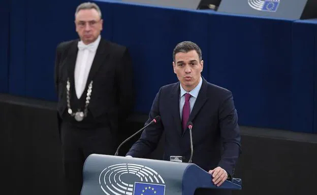 Pedro Sánchez, durante su intervención ante el Parlamento Europeo.