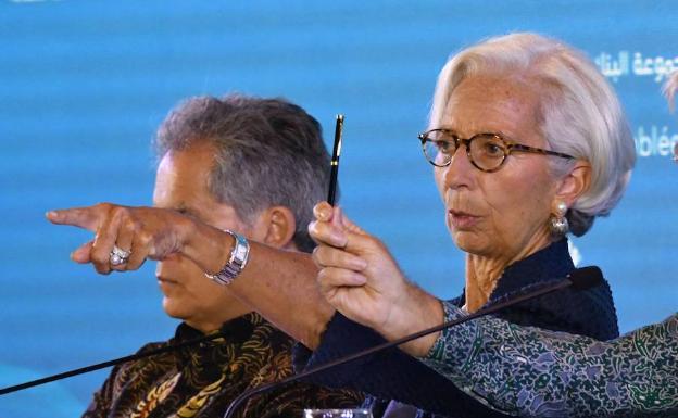 Christine Lagarde, durante una rueda de prensa en el FMI. 