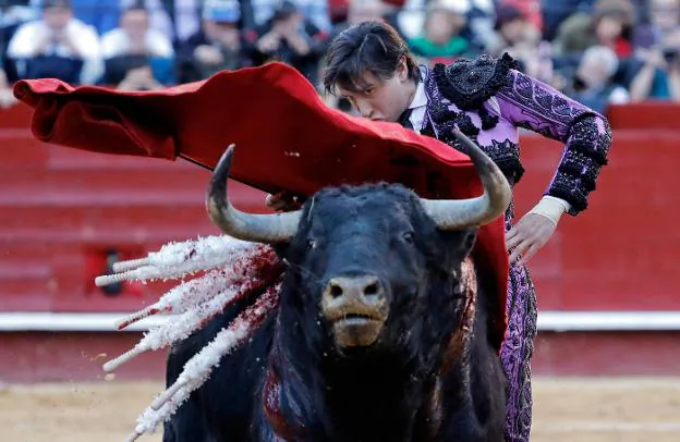 El torero peruano Roca Rey, que salió ayer a hombros en Valencia, da un pase a uno de sus astados. :: efe