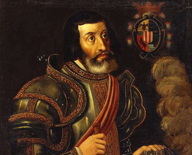 Retrato de Hernán Cortés, por el pintor mexicano José Salomé Pina. Al fondo, el escudo heráldico del conquistador, con las cabezas de siete vasallos de Moctezuma. :: r. c.