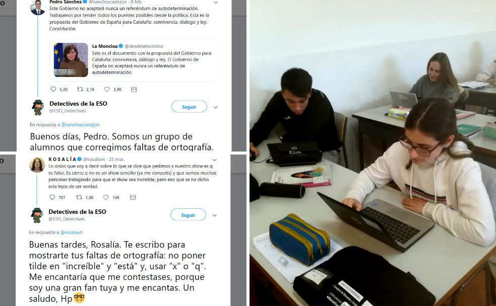 Pantallazos de los tuits que le han escrito a Pedro Sánchez y a Rosalía. A la derecha, alumnos de 3º de la ESO del instituto de Berlanga en clase. 