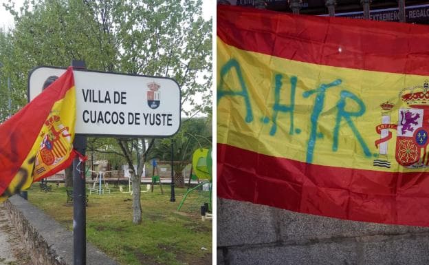 Cuacos de Yuste amanece con varias banderas de España con simbología nazi 