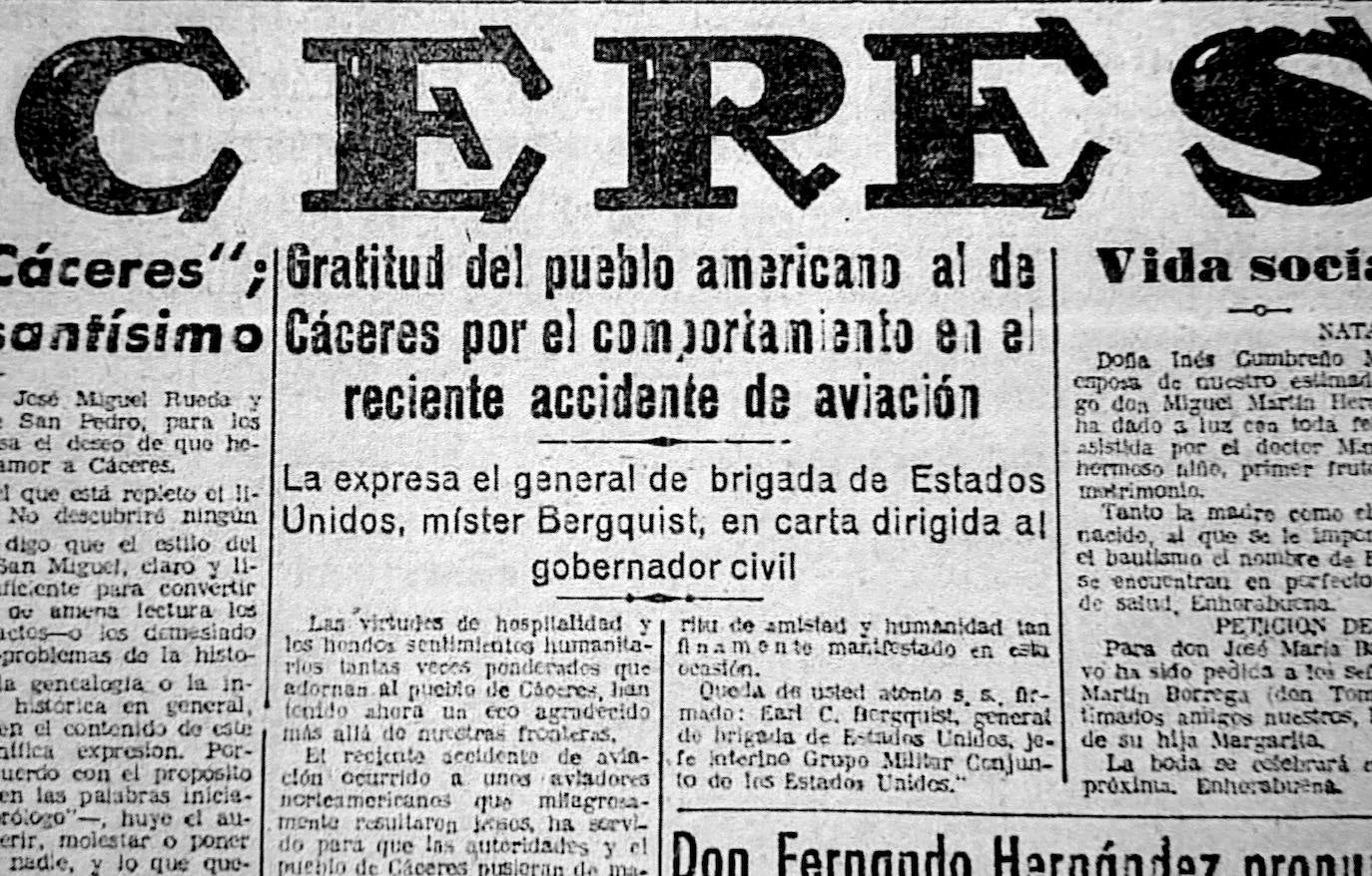 Noticia publicada el 20 de febrero de 1954 de “la gratitud del pueblo americano al de Cáceres”.